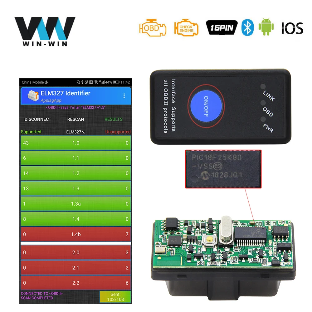 Автомобильный диагностический сканер ELM 327 V1.5 Bluetooth 4 0 с PIC18F25K80 OBD2 для IOS/Android OBD 2