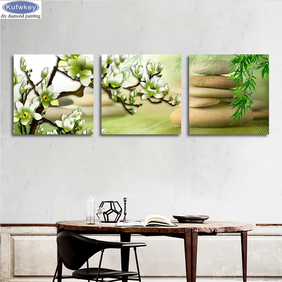 Diy 3 Uds Pintura De Diamantes Flor De Magnolia Verde Punto De