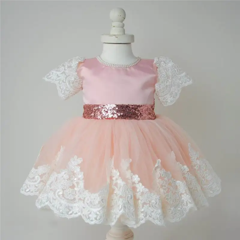 2017 New Baby Girl Princess Dress Sequins Big Bow Lace Party Wedding Dress Children Clothing 1