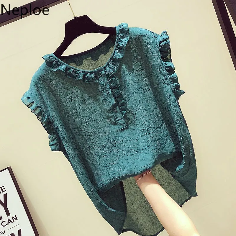 

Woherb Blouse Women Casual Shirts Summer Sleeveless Ruffle Blouses O Neck Tops and Blouses Solid Blusas Femme Clothes Korean