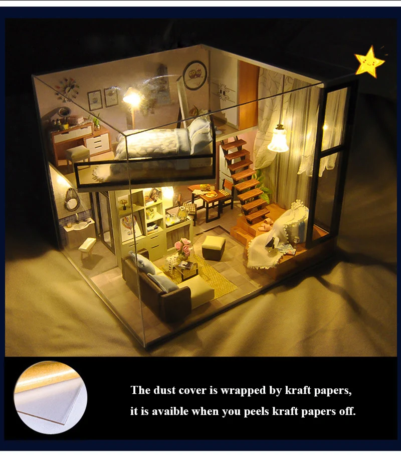 DIY Miniature Doll House 3D Wooden Dollhouse with Furniture Dust Cover Assemble Kit Toys Doll Houses for Children Birthday Gift (4)