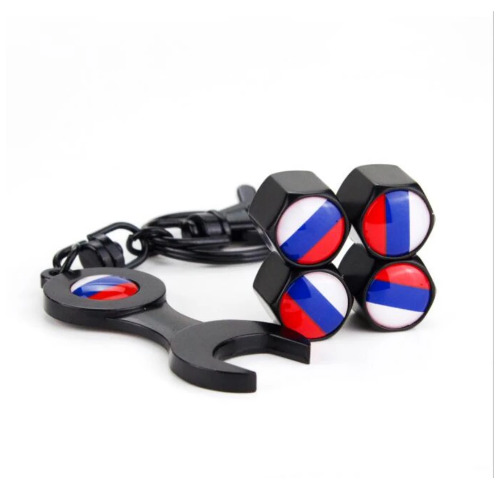 4Pcs Valvola Della Rotella Caps & Chiave Dell'Automobile Di Modo Di Bandiera Russa Logo Per Peugeot Volkswagen Polo Golf Fiat 500 Abarth 500X 5000L Pa