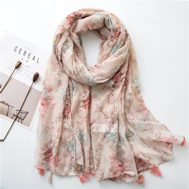 

2019 Spain Summer Tassel Scarf For Women Fashion Floral Print Viscose Scarves Lady Pashmina Bandana Female Muslim Hijab 180*90Cm