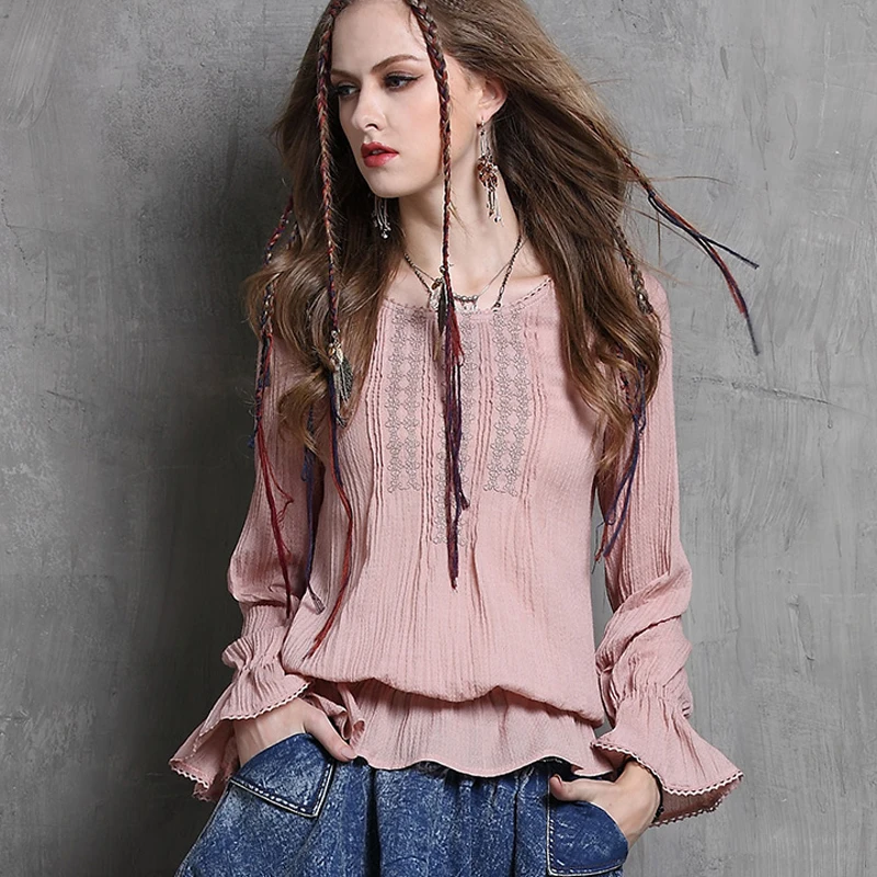 

Women Blouse Shirt Autumn Spring New Vintage Cotton Blouse Embroidery Butterfly Sleeve Loose Women Top Blouse Blusa Feminina