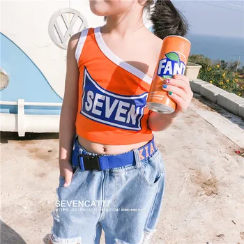 

Summer girls t shirt baby vest tee kids crop top children streetwear clothes one side off shoulder letter print 1 to 6 yrs