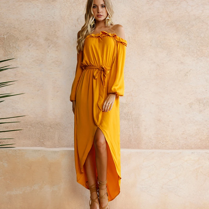 Женское винтажное платье с рюшами желтое пляжное длинным рукавом и