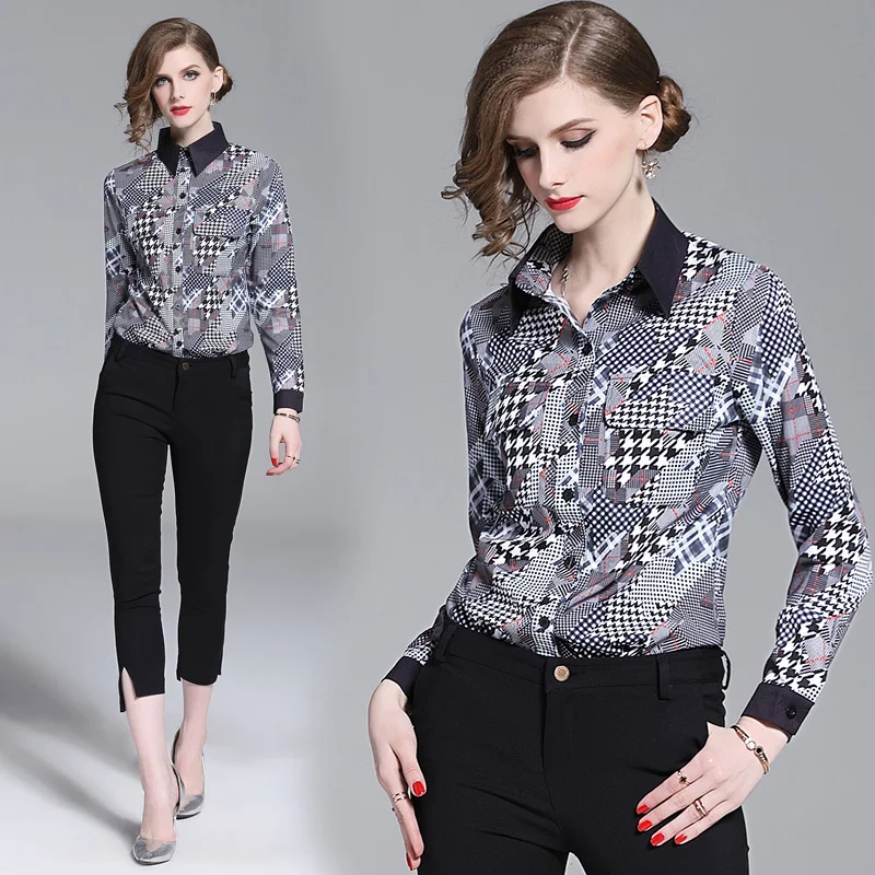 

New 2019 Spring Summer Fall Runway Floral Print Collar Long Sleeve OL Turn-Down Neck Womens Party Casual Top Shirts Blouse