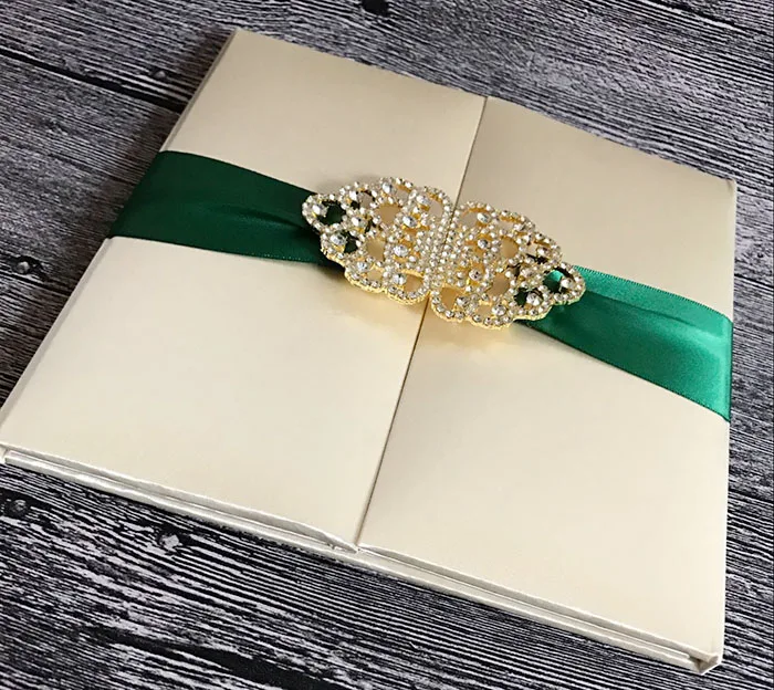  Luxury silk folio wedding invitation with gold stunning rhinestone embellishment - 32828193777