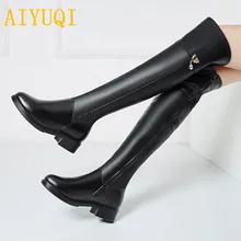 AIYUQI/Новинка года; Сезон Зима; женские резиновые сапоги из натуральной кожи. Теплые сапоги до колена. Мотоботы; большие размеры 41, 42