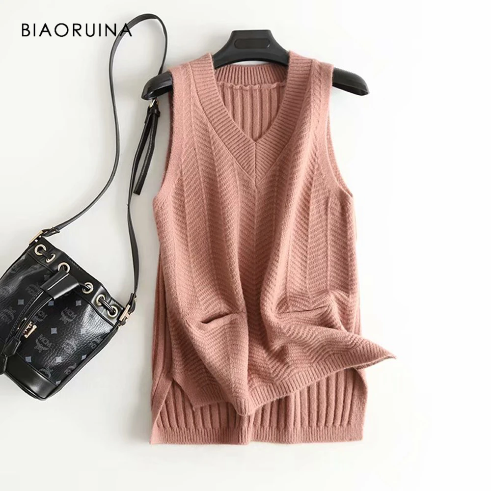 

BIAORUINA Women Korean Style Elegant Knitted Sweater Side Split Female Casual Sleeveless V-neck Pullovers Ladies Chic Sweaters