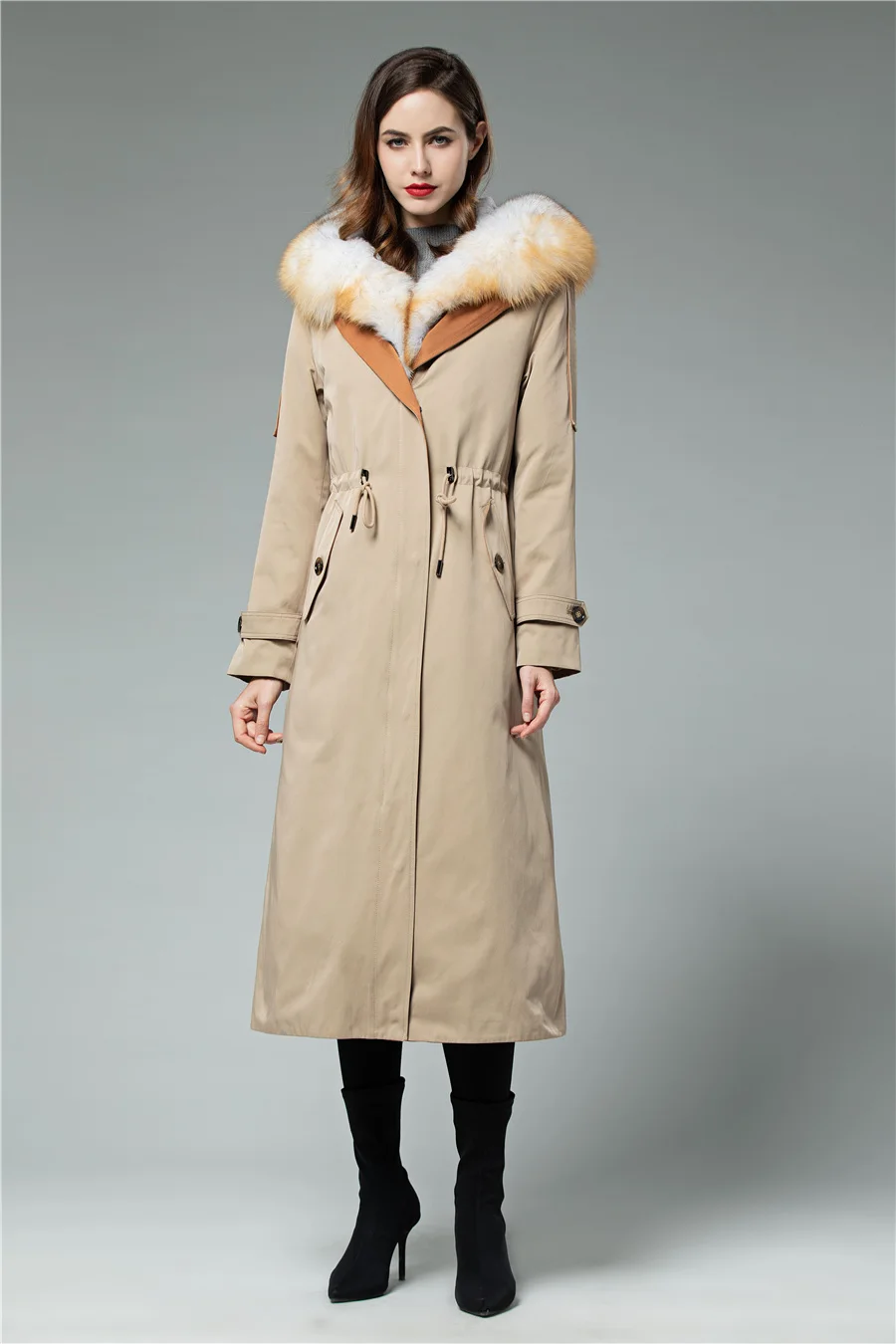Пальто из натурального меха с натуральным мехом Женская Длинная ветровка с меховым подкладом и лисьим мехом для девочек, новая модель высокого качества