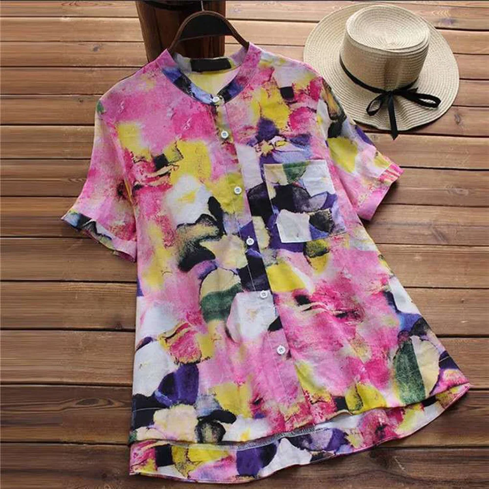 

Printing Shirt Women Tops Ladies Holiday Summer Casual Button Down Tunic Shirts Big Size Loose Blouse