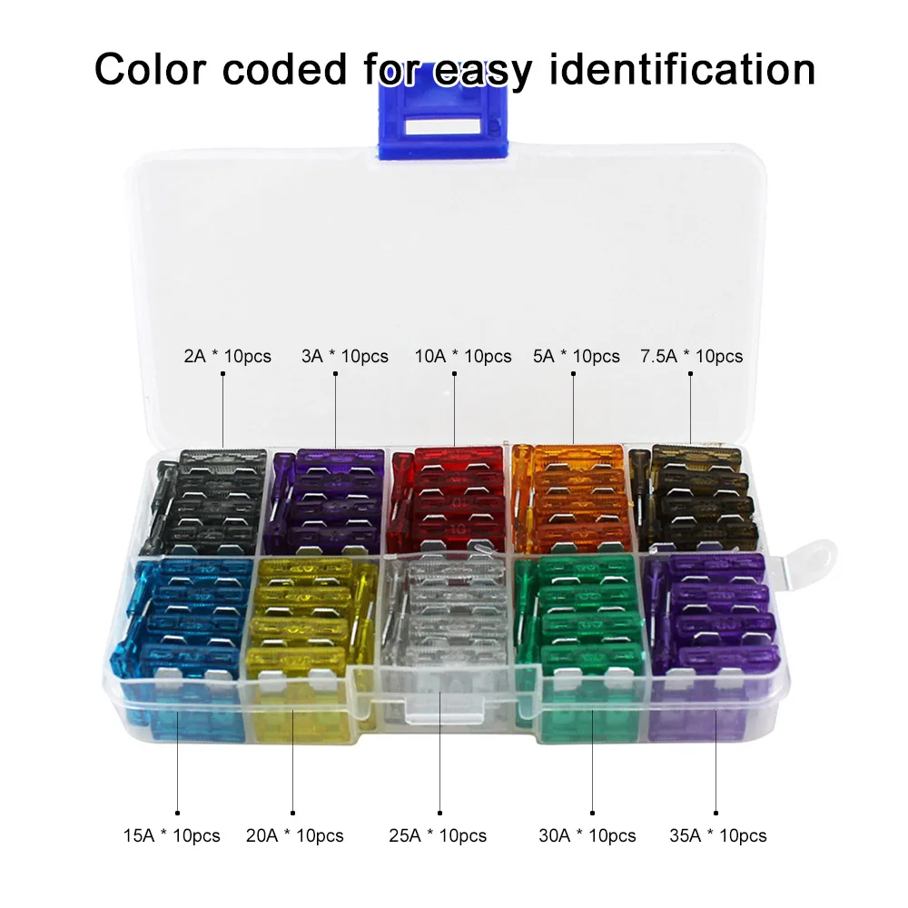 100 шт./лот ассортимент Авто Стандартный лезвие предохранителей 2A 3A 5A 7.5A 10A 15A 20A 25A 30A 35A для автомобиля мотоцикла Лодка Грузовик