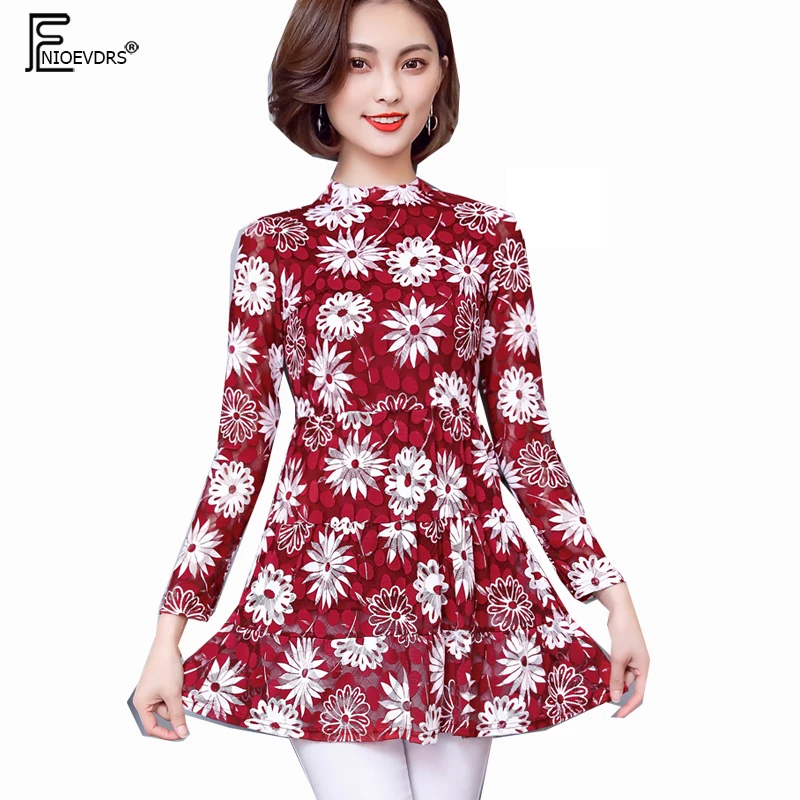 

2019 Design Peplum Tops Women Ruffled Long Sleeve white black red flower floral Printed Belly Tunic Lace Blouse blusas femininas