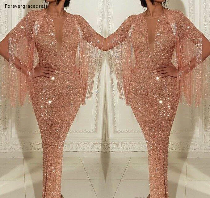 Rose Pink Sequined With Tassel Mermaid Evening Dresses Sexy Sheer Plunging Neck Floor Length Arabic Formal Occasion Gowns Prom Dress  135