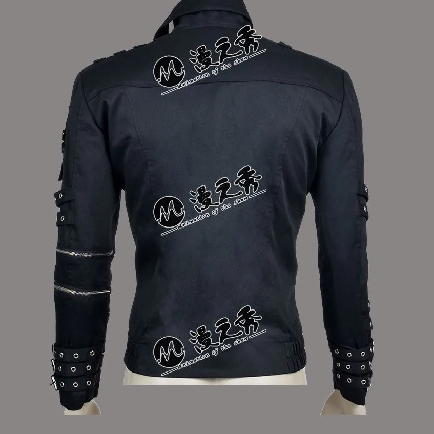 Rare MJ Michael Jackson Punk Rock Style BAD Tour Black Cotton & Leather Rivet Slim Zipper Jacket Outwear