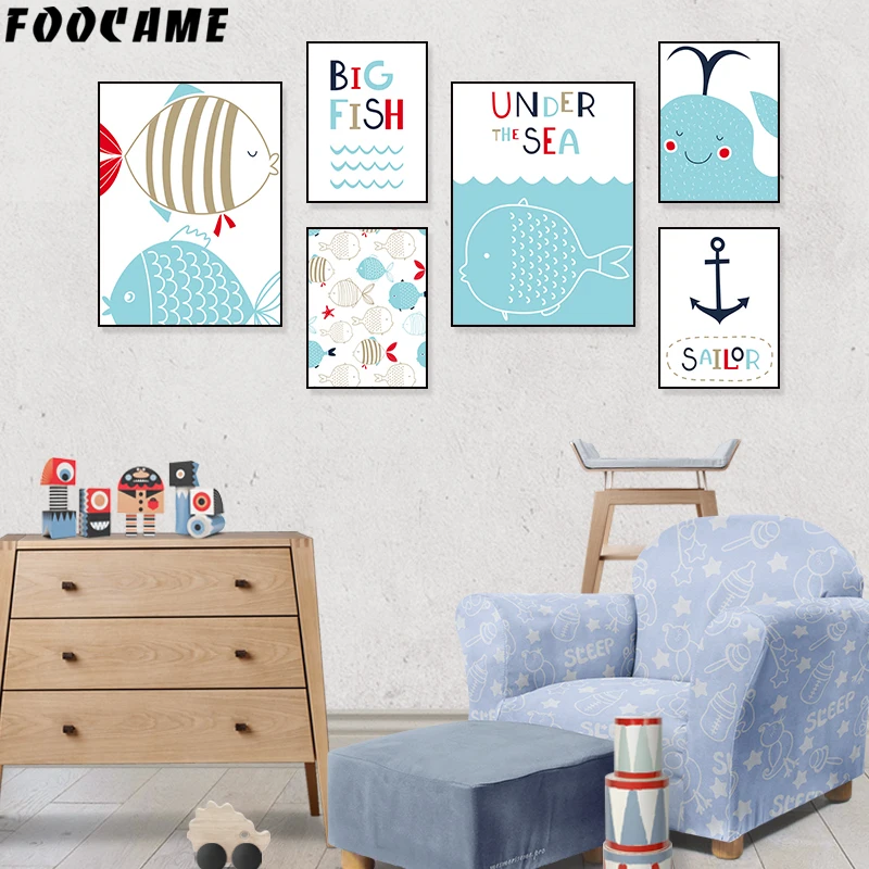 

FOOCAME Cartoon Fish Anchor Sea Posters and Prints Art Canvas Painting Decorative Wall Pictures Kids Rooms Nursery Decoration