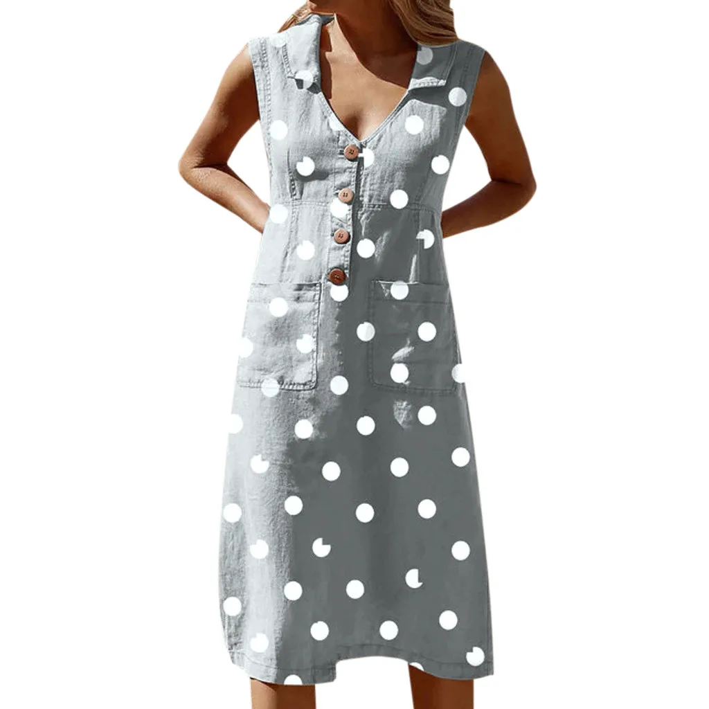 

Women Polka Dot Cotton Linen Dress Summer Loose Sleeveless Boho Dress Sexy V Neck Beach Maxi Dresses Plus Size Vestido#J30