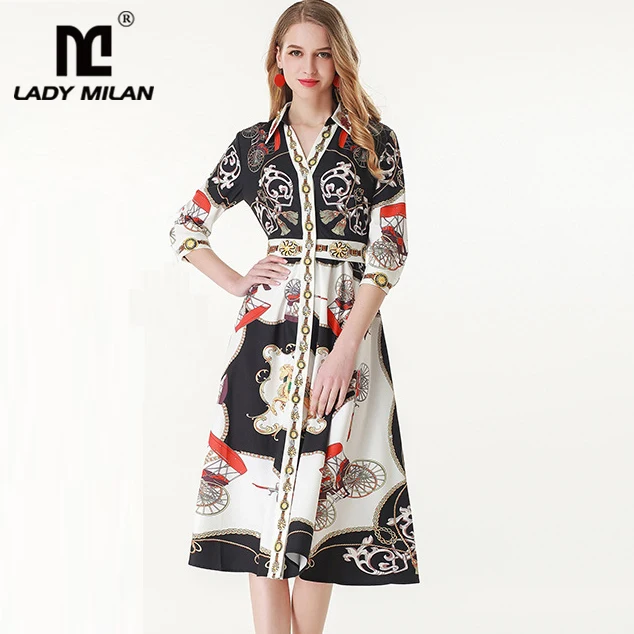 

2019 Women's Runway Designer Dresses Turn Down Collar 3/4 Sleeves Printed Elegant Casual Dresses
