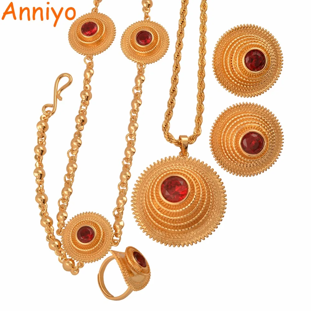 

Anniyo Good Quality Habesha Ethiopian Gold Color Necklace/Earrings/Ring/Hair Chain Jewelry sets African Wedding Gifts #047611