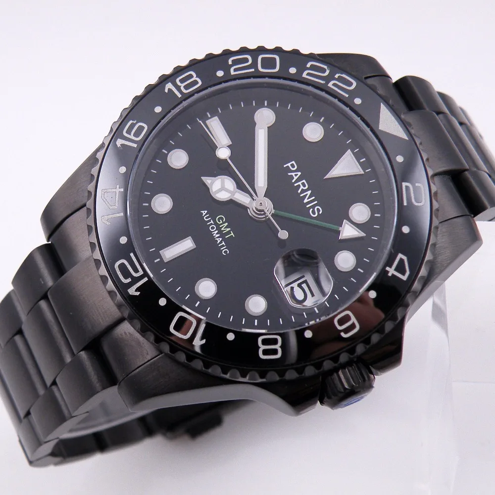 

40mm parnis Stainless Steel Men's Watch Black Waterproof Calendar Automatic Mechanical Watch Black GMT Mechanical Watch