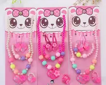 

Children Kid Girl Cute Pearl Beaded Necklace Bracelet Hair Clip Ring Set Christmas Birthday Party bag filler Jewelry Gift pink