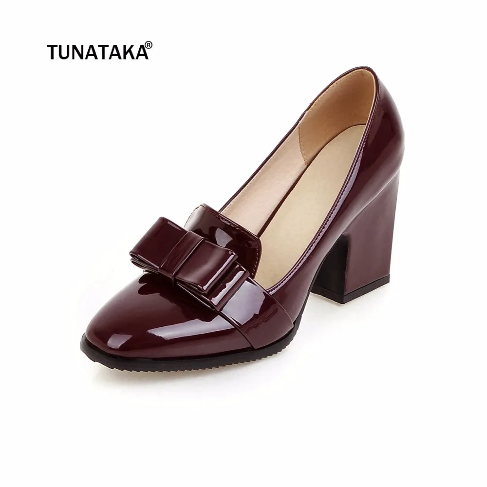 

Fashion Patent Leather Square Toe Chunky High Heels Small Bow Tie Party Women Pumps Spring Fall Beige Black Wine Red