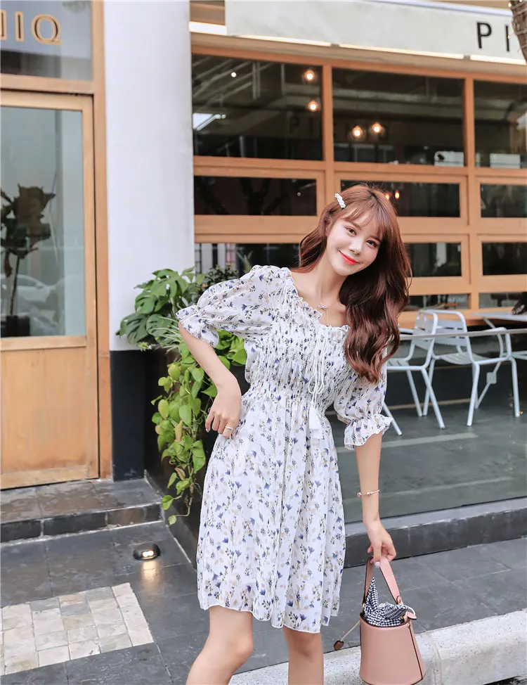 Новинка, летнее женское платье с цветочным принтом, кружевное платье с бантом, полуквадратный воротник, высокая эластичная талия, милое платье, D94306Z