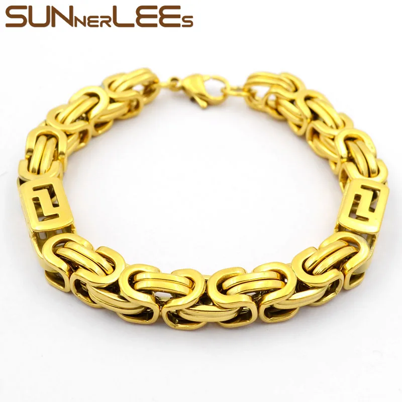 SUNNERLEES модные ювелирные изделия браслет из нержавеющей стали 9 мм геометрическое византийское плетение Цепочка Золото Серебро Цвет для мужчин женщин SC65 B - Окраска металла: Gold