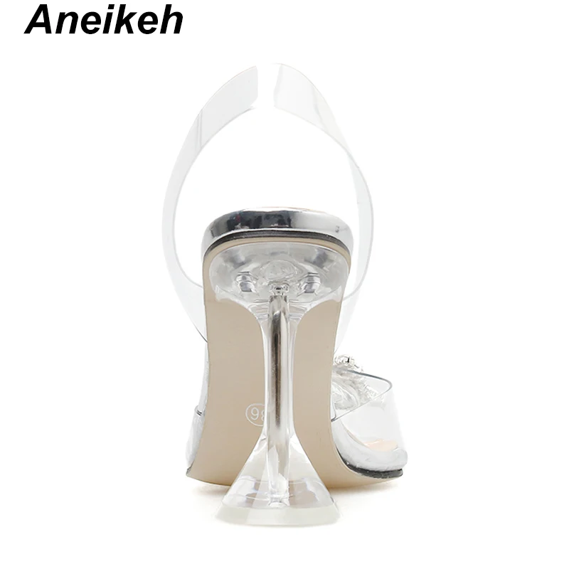 Aneikeh/ г. Летняя женская обувь сандалии из ПВХ в римском стиле прозрачные, с бусинами, на высоком тонком каблуке, без шнуровки, из PU искусственной кожи, с острым носком, Размеры 35-41