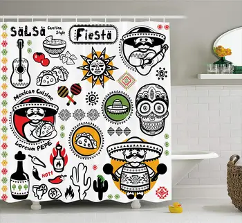 

Dead Sugar Skull Head Poncho Cuisine Salsa Fiesta Artwork Fabric Bathroom Decor Set with Hooks