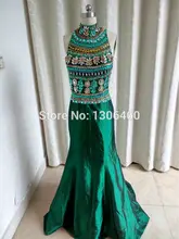 Abendkleider Kristall 2015 Real Sample Smaragd Grüne Meerjungfrau Stehkragen Perlen Strass Lange Abschlussball-kleid-abend-kleid
