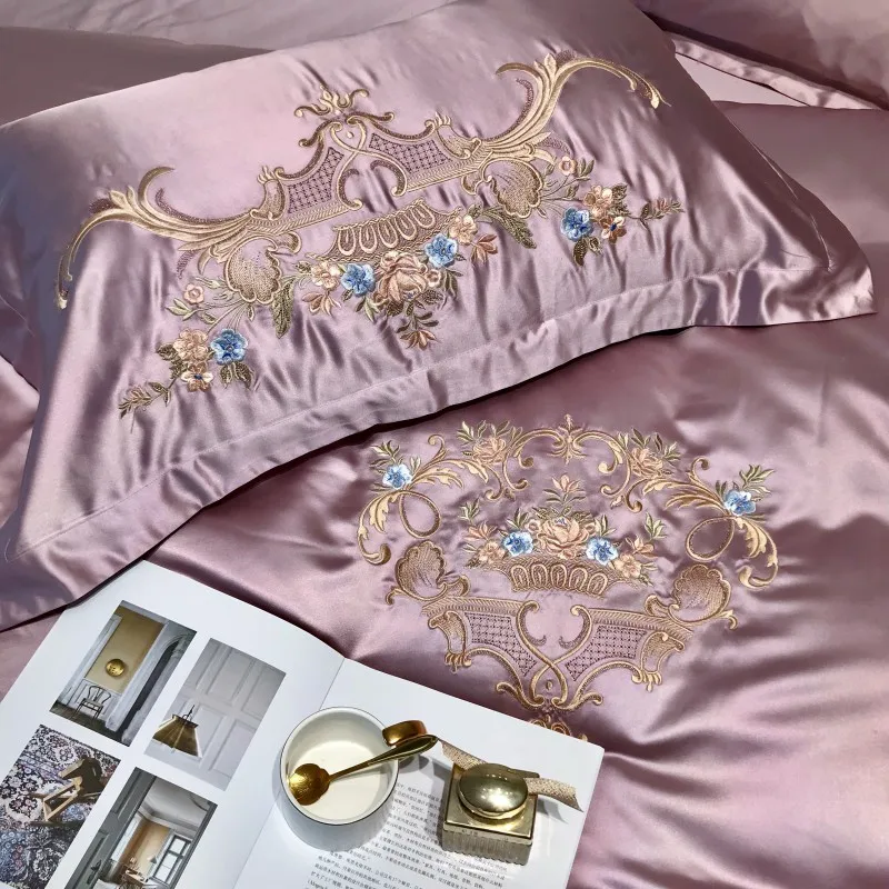 Новый роскошный Шелковый Атласный Duvet Стёганое одеяло крышка фиолетовый Кофе 4/7 шт Chic Вышивка постельные принадлежности queen King ультра