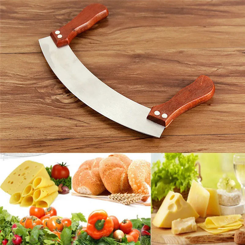 

New Wood Handle Vegetables Herb Pizza Cutter Slicer Chopper Blade Knife Cutting Tool Pie Cake Rocker Home Kitchen Supplies