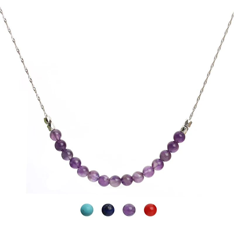 

50CM Long Purple Red Coral Howlite Stone Beads Pendant Silver Color Chain Statement Necklaces Chokers for Women Collares Mujer