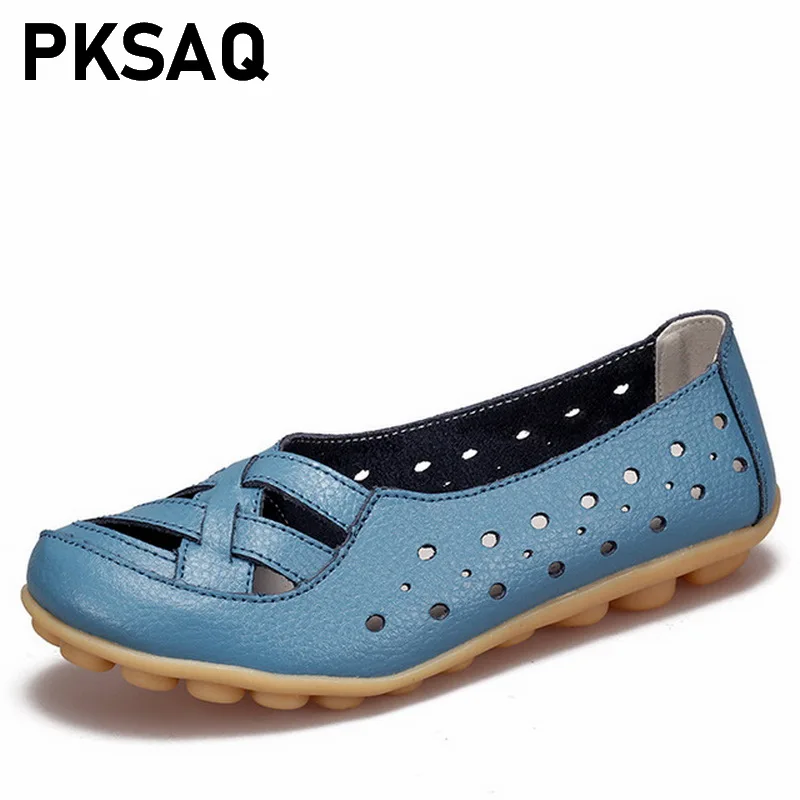 

2019 Hollow Summer Shoes Woman Real Leather Women Flats Slip On Women's Loafers Breathable Female Moccasins Shoe 35-41