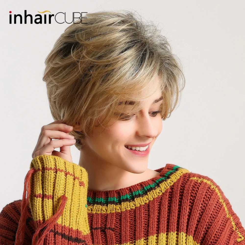 INHAIR кубик синтетический парик короткие прямые волосы пушистые Косплей смешанный цвет серый парики для женщин