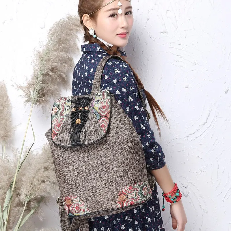 

National style women canvas backpack Embroidery backpack linen drawstring backpack girl shoulder bags