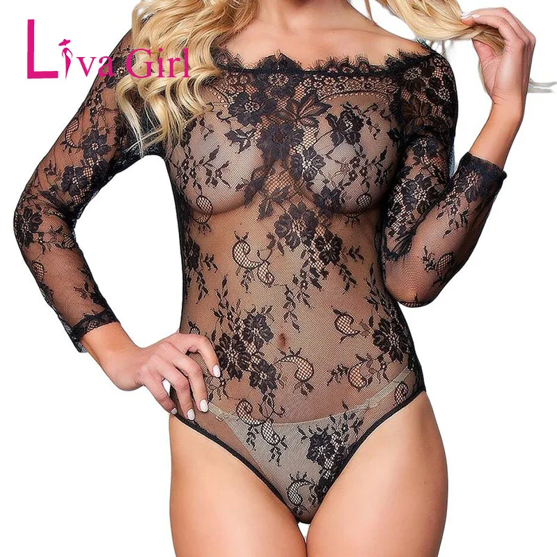 Liva Girl Transparent Sexy Lace Bodycon Bodysuit Women Mesh Long Sleeve See through Embroidery Jumpsuit Black Red Fashion Romper Liva Girl Transparent Sexy Lace Bodycon Bodysuit Women Mesh Long Sleeve See through Embroidery Jumpsuit Black Red Fashion Romper