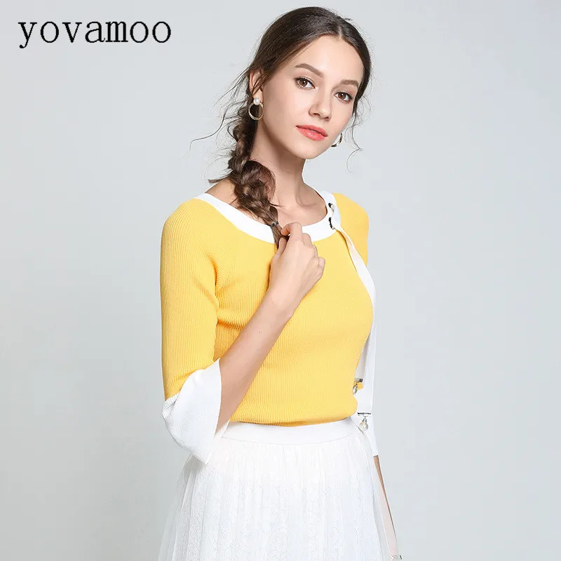 Yovamoo/желтые свитера мода 2018 женский элегантный дизайн рукав три четверти