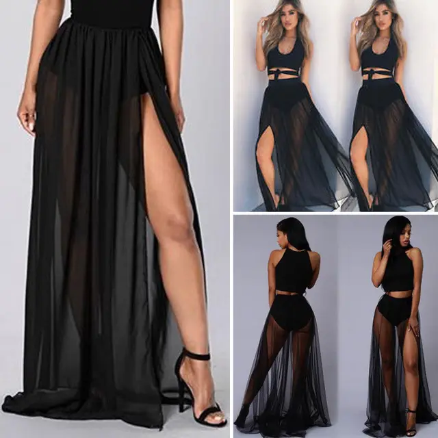 de transparente para mujer, falda larga hasta el suelo, color negro, lateral, Sexy, a la moda - AliExpress