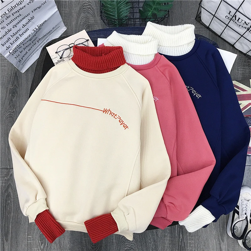 Autumn Women Sweatshirt Hoodie Korean Ulzzang Harajuku Patchwork Wool Pullover Sweatshirts Female F