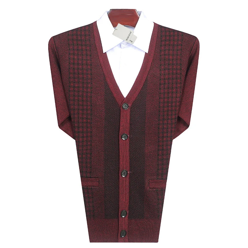 Men Casual Cardigan Sweaters Purplish Red Gray Knitted