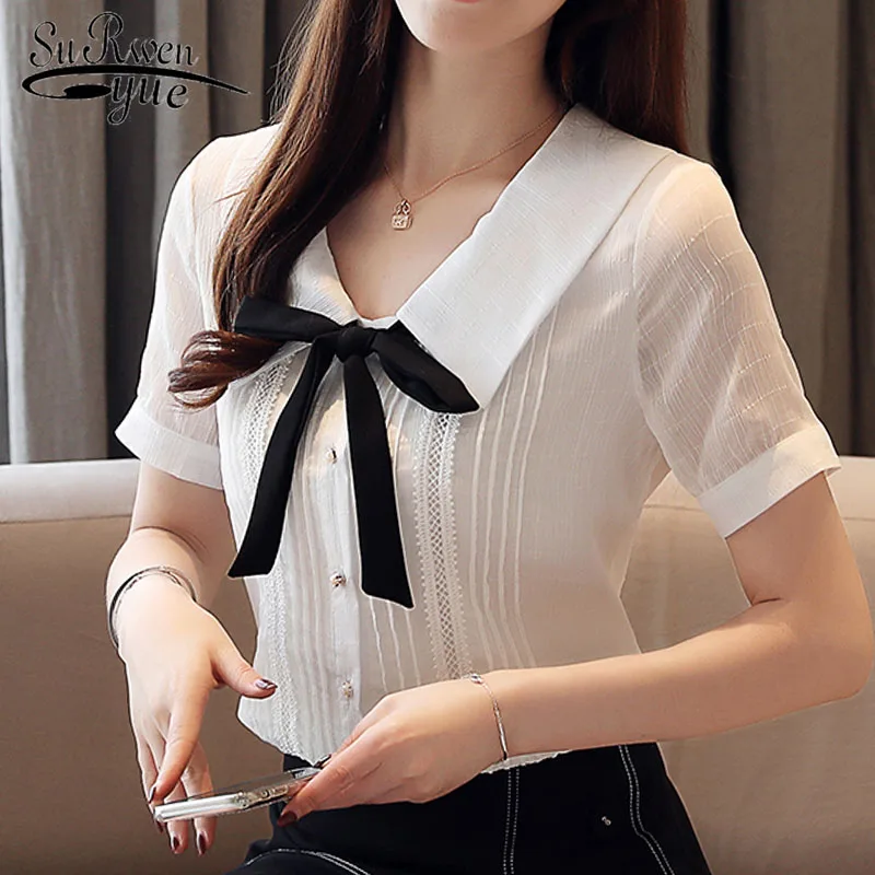 

Fashion womens tops and blouses 2019 ladies tops women shirts chiffon blouse shirt short sleeve solid bow white shirt 4728 50