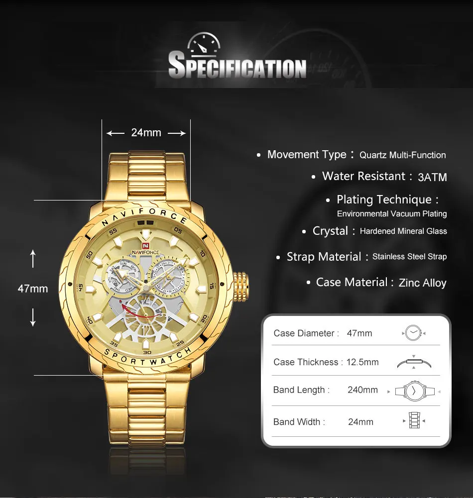 Naviforce, золотые часы для мужчин, роскошные золотые мужские часы, Топ бренд, роскошные часы с хронографом для мужчин, 30 м, водонепроницаемые мужские наручные часы
