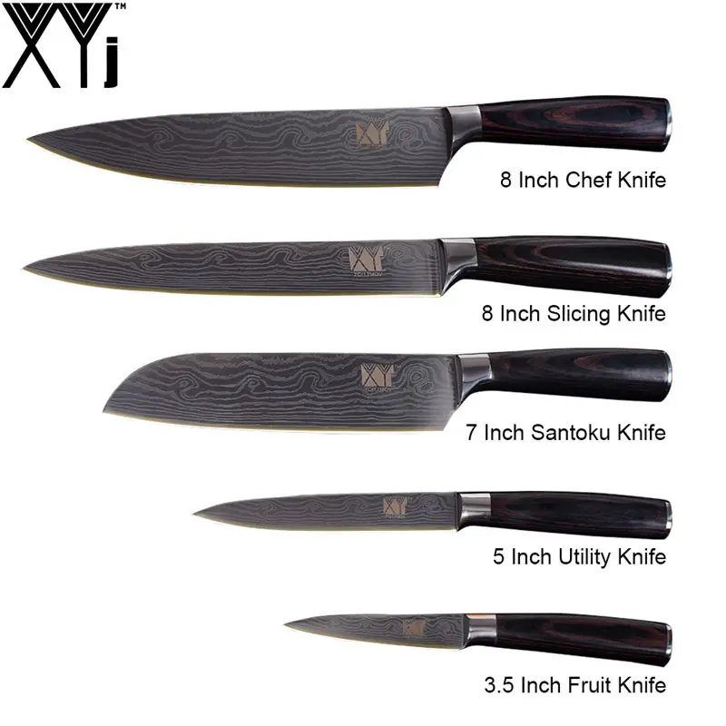 XYj высококачественный набор ножей из нержавеющей стали с цветной деревянной ручкой дамасский узор острое лезвие кухонный нож аксессуары инструменты для приготовления пищи - Цвет: B.(5 Pcs Set)