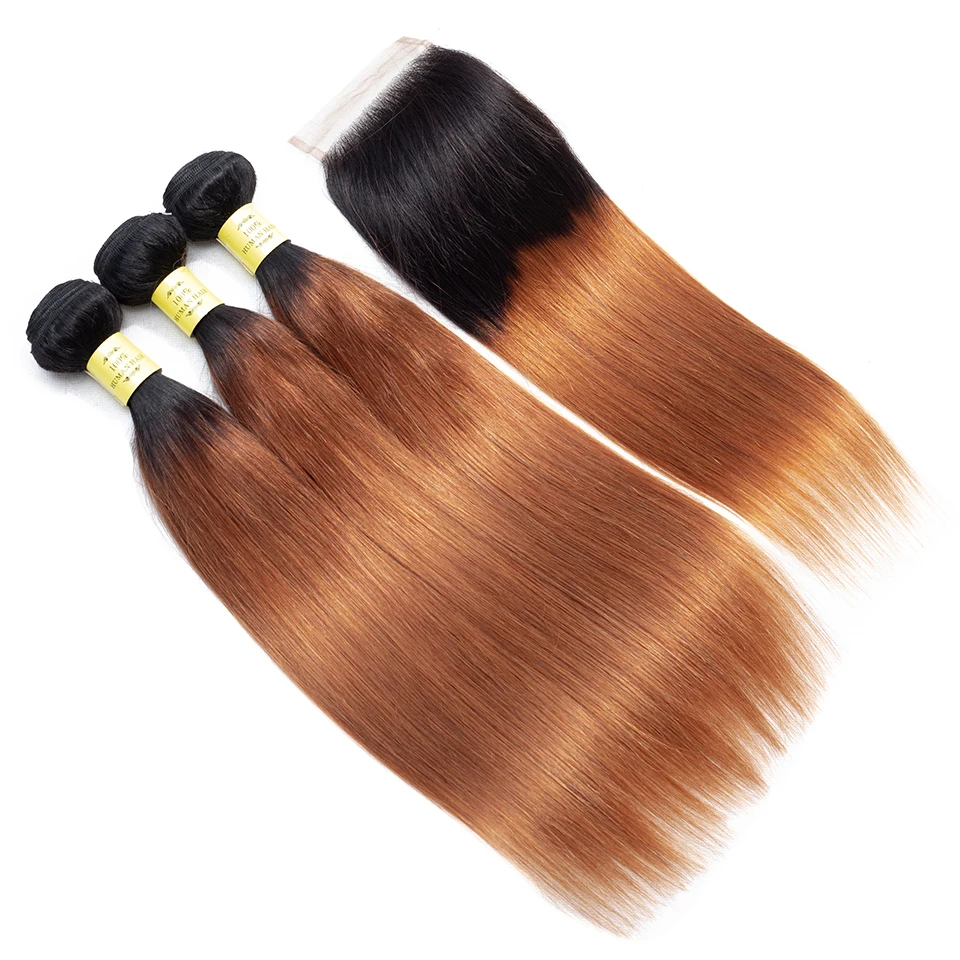 Trama do Cabelo Brasileiro do Cabelo Bundles com Fecho Pacotes com Fechamento Queenlike Humano Weave Não Remy Reta Cabelo Ombre 3 4 100% 2 Pacotes com 3/4 com fecho