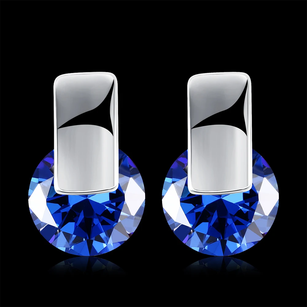 

Vintage round blue crystal earrings gold/silver blue cubic zirconia clip on earrings rhinestone jewelry for women/girls gifts