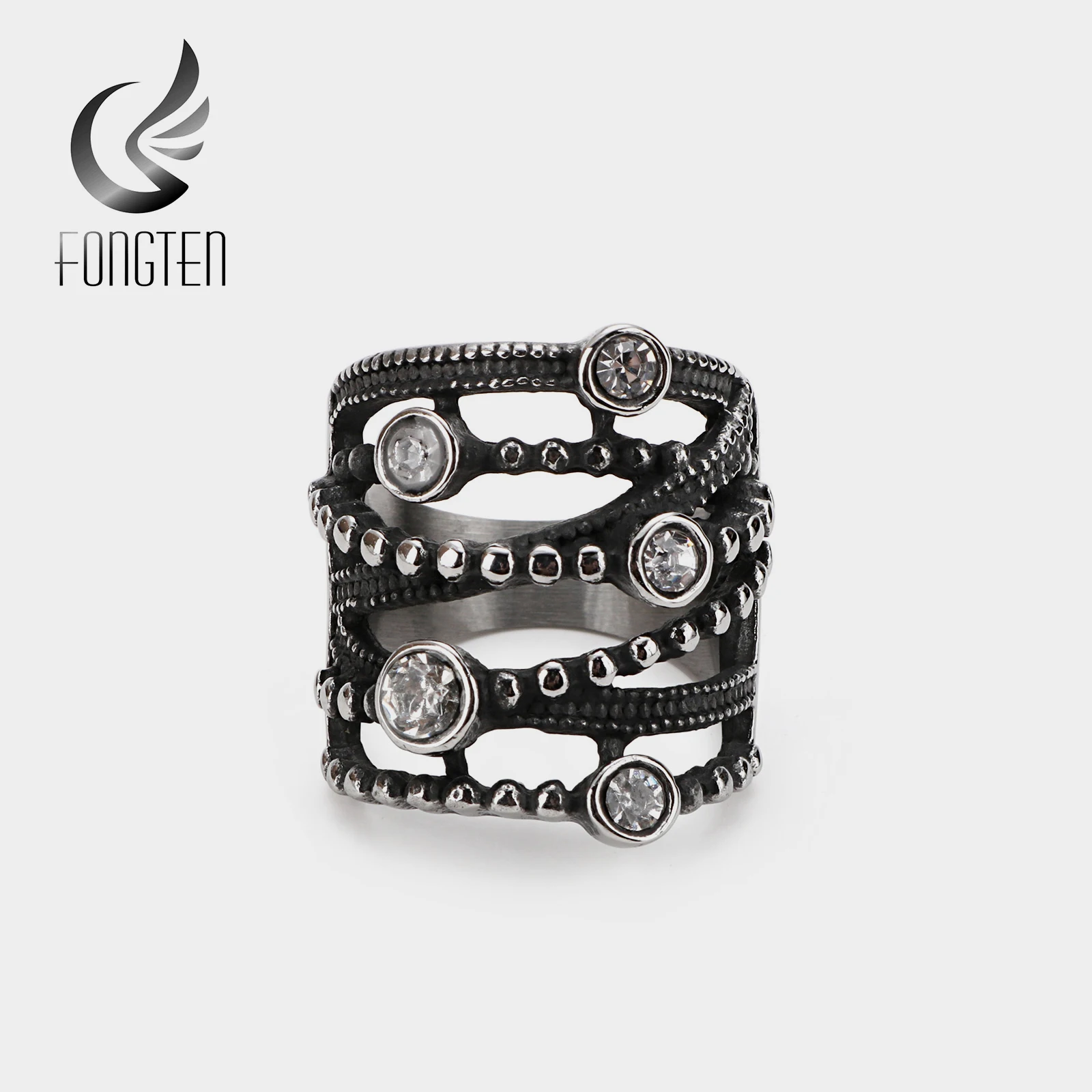 

Fongten Mens Rings Stainless Steel Gothic Style Viking Punk Cubic Zirconia Ring Set Jewelry