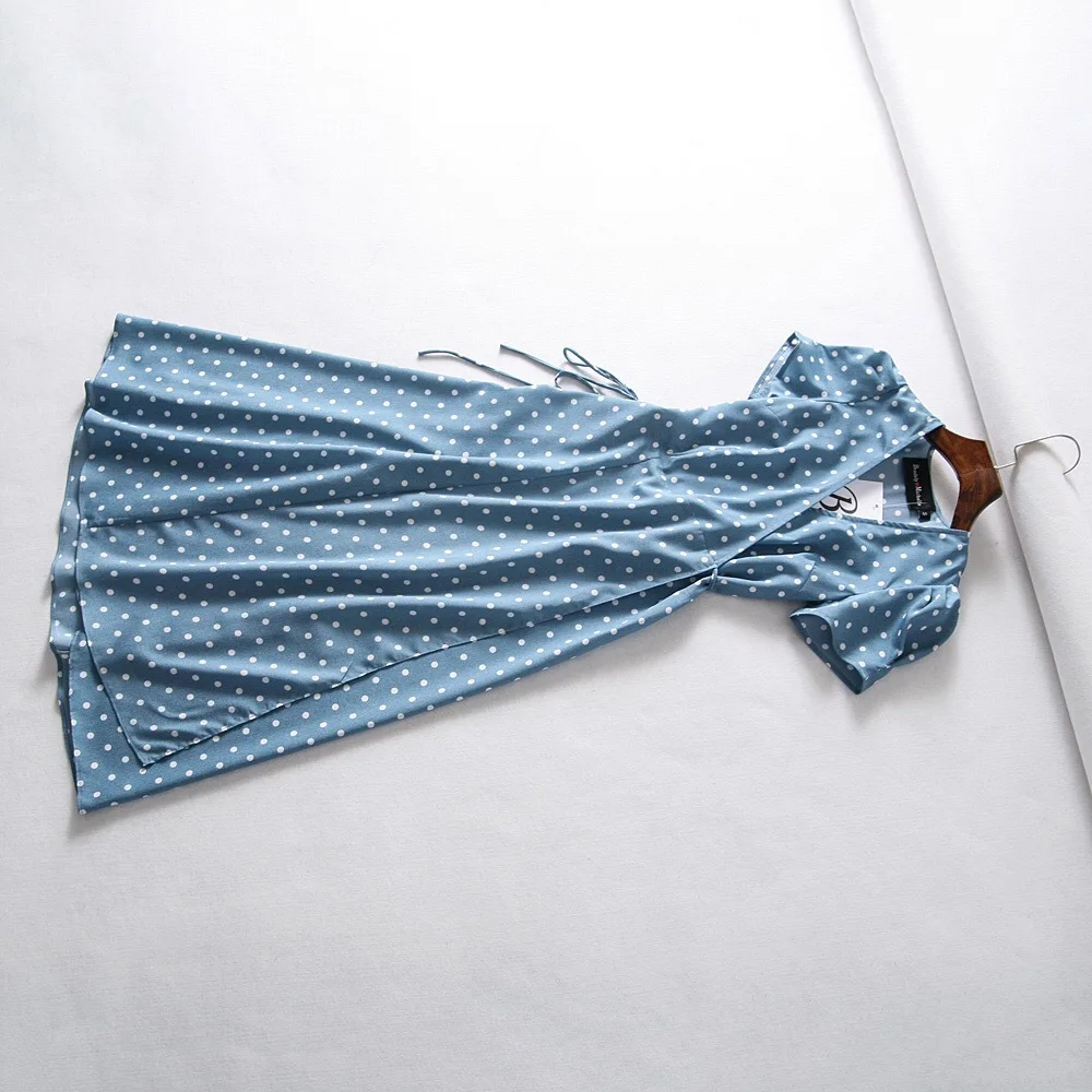 Летнее богемное винтажное платье в горошек с цветочным принтом, женское шифоновое пляжное платье с коротким рукавом, корейская мода, v-образный вырез, Вечерние Платья Миди